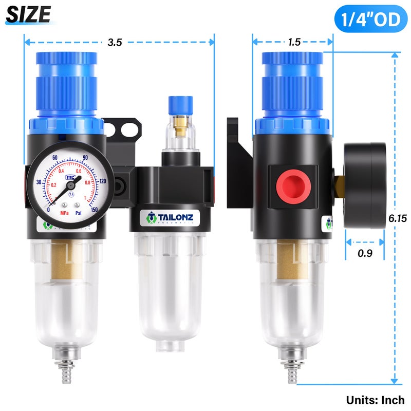 TAILONZ PNEUMATIC 1/4 Inch NPT AFC2000 Air Filter Pressure Regulator Kitï¼ˆ0-145 Psiï¼‰5 Micron Brass Element Air Tool Compressor Filter with Gauge and Lubricator Cup - Image 2